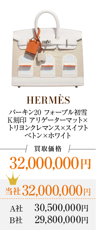 バーキン20 フォーブル初雪 K刻印 アリゲーターマット×トリヨンクレマンス×スイフト べトン×ホワイト 買取価格 32,000,000円